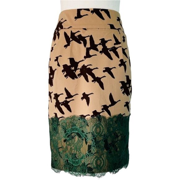 Leifsdottir for Anthropologie Bird Print Pencil Skirt Tan & Teal Lace Size 2 - Picture 2 of 5